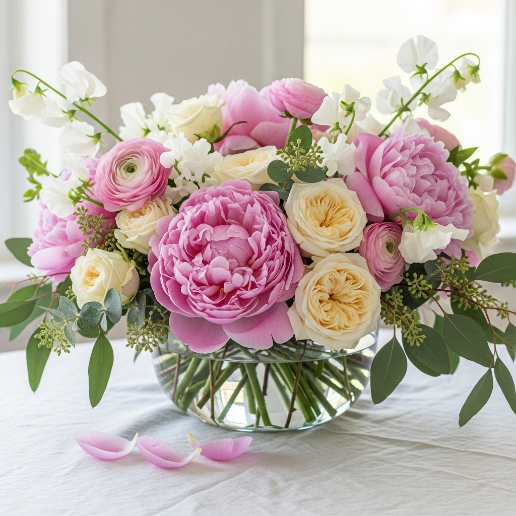 Maximalist spring table arrangement with overflowing blush peonies cream garden roses pink ranunculus white sweet peas and eucalyptus in wide clear glass bowl on white linen for spring table arrangements ideas 2026