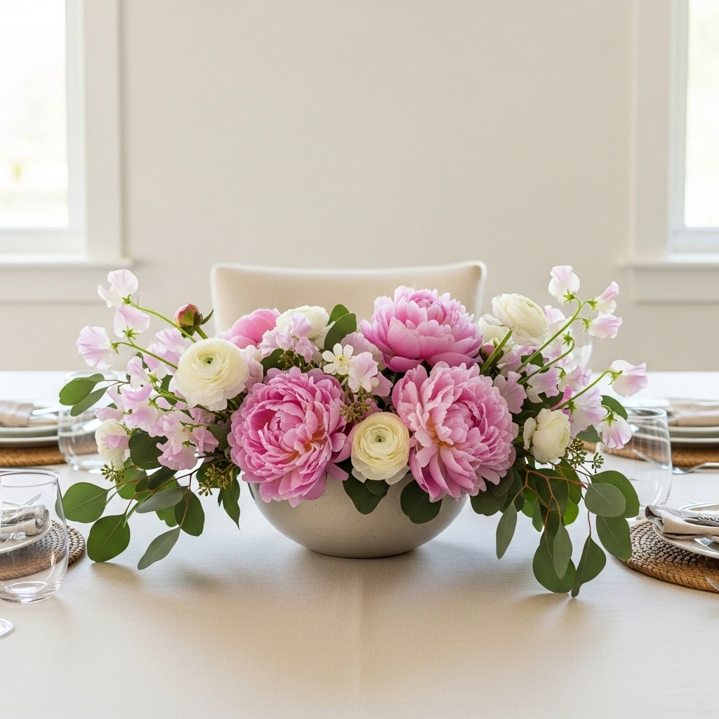  Strong spring table centrepiece with wide cream ceramic bowl of blush peonies white ranunculus eucalyptus and sweet peas as table anchor for spring dining table decor ideas