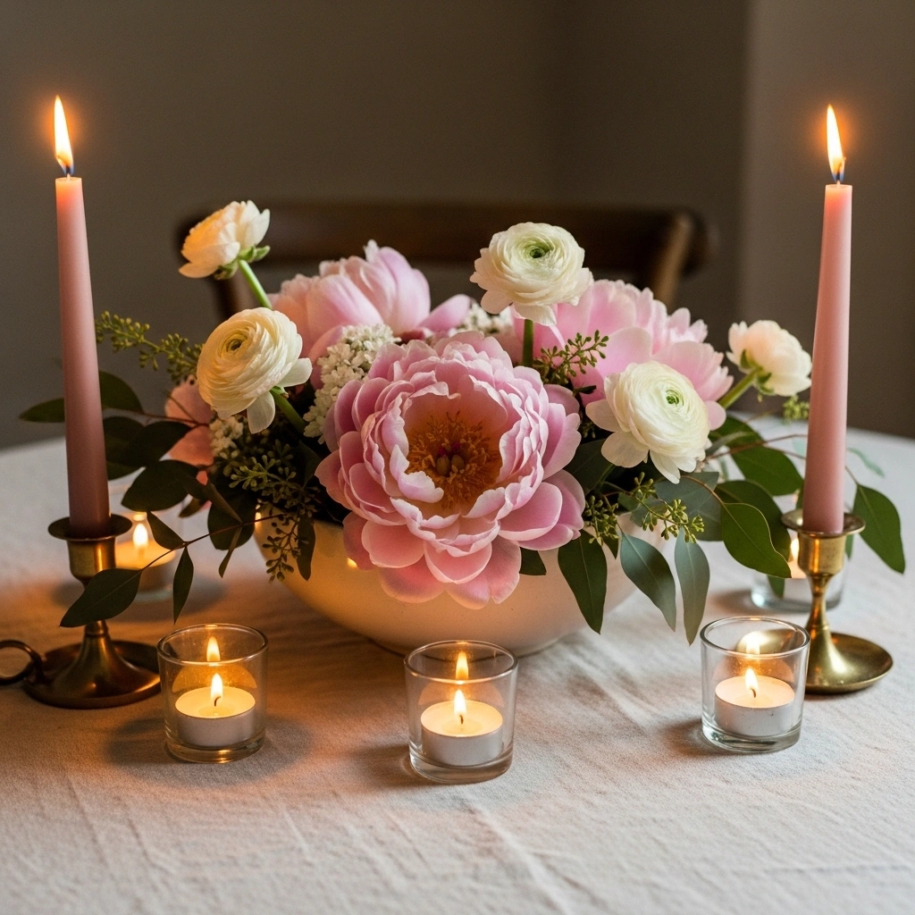 Spring table centrepiece with blush peony ranunculus eucalyptus bowl flanked by lit brass taper candles and scattered tea light votives on cream linen tablecloth in warm evening candlelight for spring table centerpiece ideas