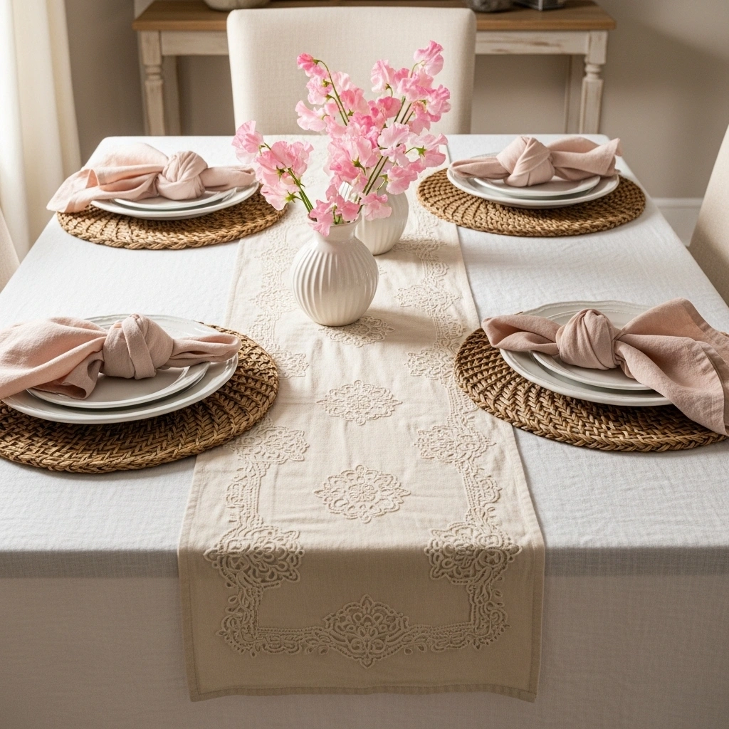  Layered spring table decor with white linen tablecloth embroidered cotton runner woven seagrass placemats blush linen napkins and pink sweet pea bud vases for spring table decor ideas 2026