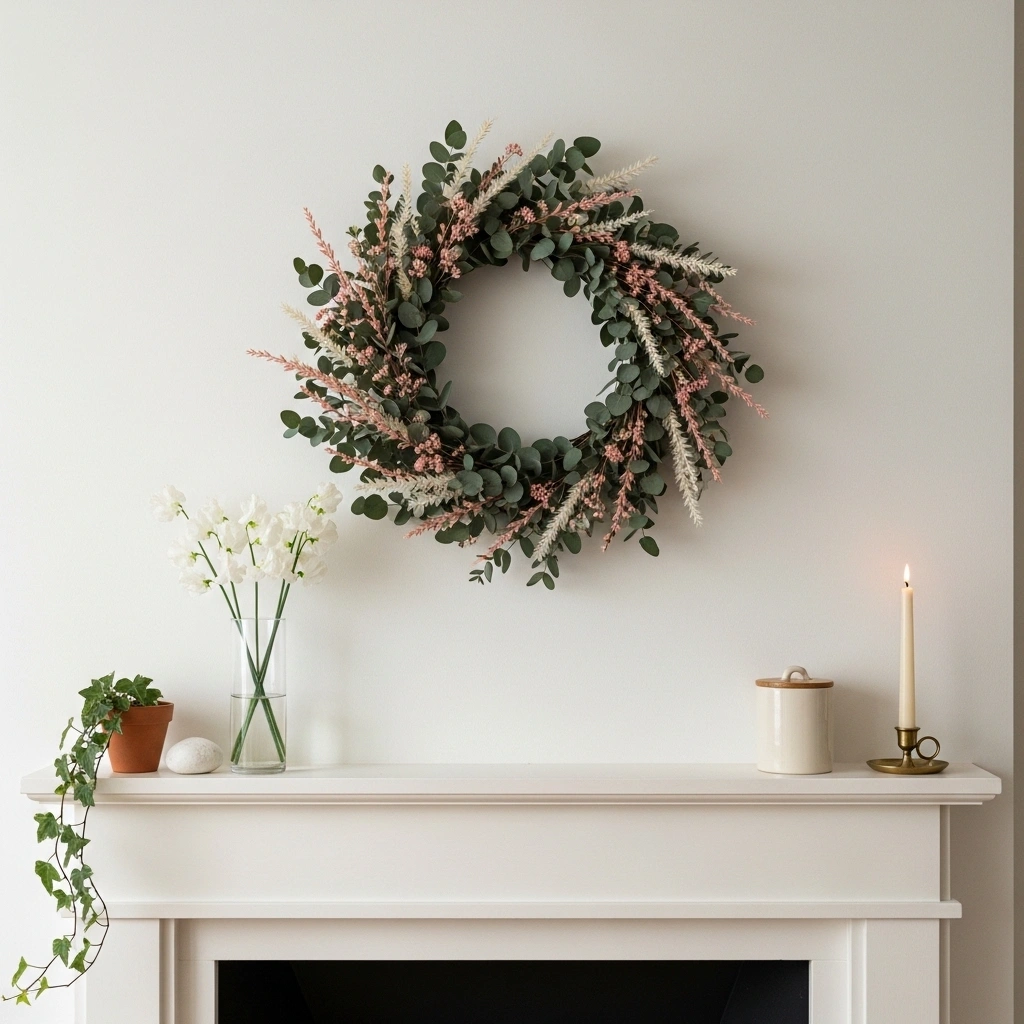 Spring-themed wall decor ideas above fireplace mantel with large dried eucalyptus blush flower wreath on white wall above cohesive spring mantel display of sweet pea vase cream canister terracotta ivy white stone and brass taper for spring themed wall decor ideas fireplace 2026