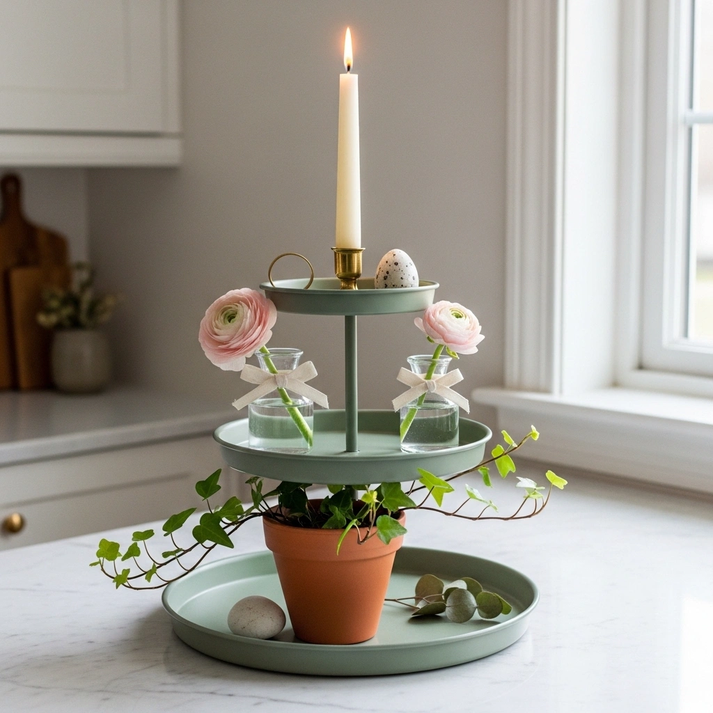 Spring tiered tray decor finishing touches with lit brass taper candlestick speckled egg blush ranunculus bud vase cream linen ribbon bow trailing ivy terracotta white river stone and dried eucalyptus on sage green three tier metal stand for spring tiered tray decor ideas finishing touches 2026