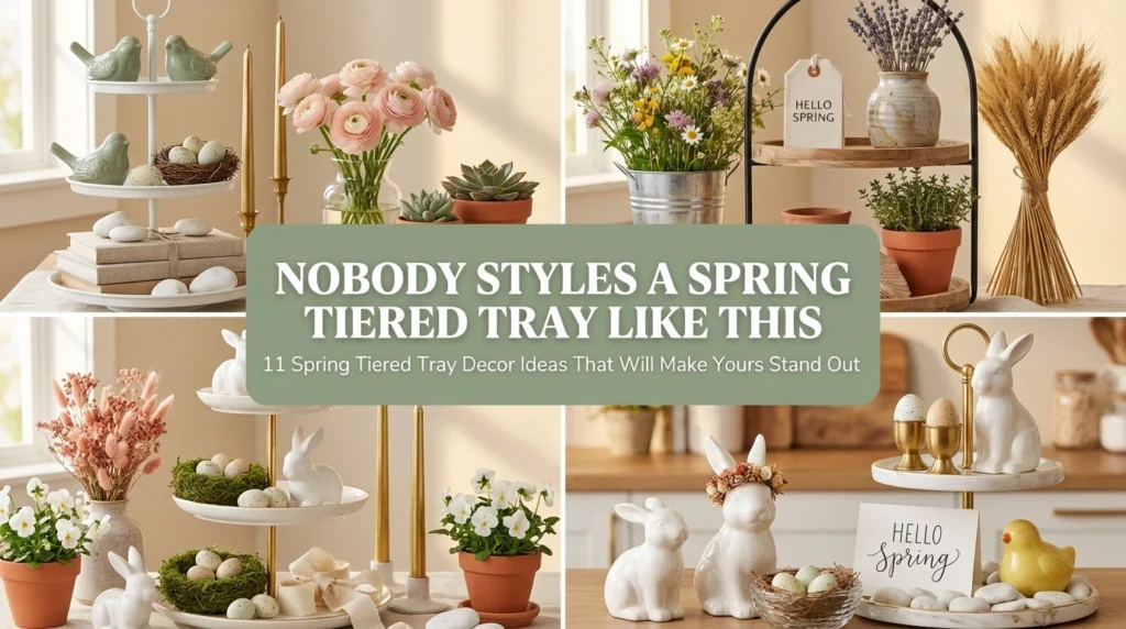 Nobody styles a spring tiered tray like this — 11 spring tiered tray decor ideas collage showing cohesive sage and blush spring tray styling farmhouse spring tiered tray with galvanized wildflowers and dried lavender charming Easter tiered tray with white bunny and speckled eggs and cute spring tiered tray with ceramic bunny yellow chick and handwritten hello spring tag for spring tiered tray decor ideas 2026
