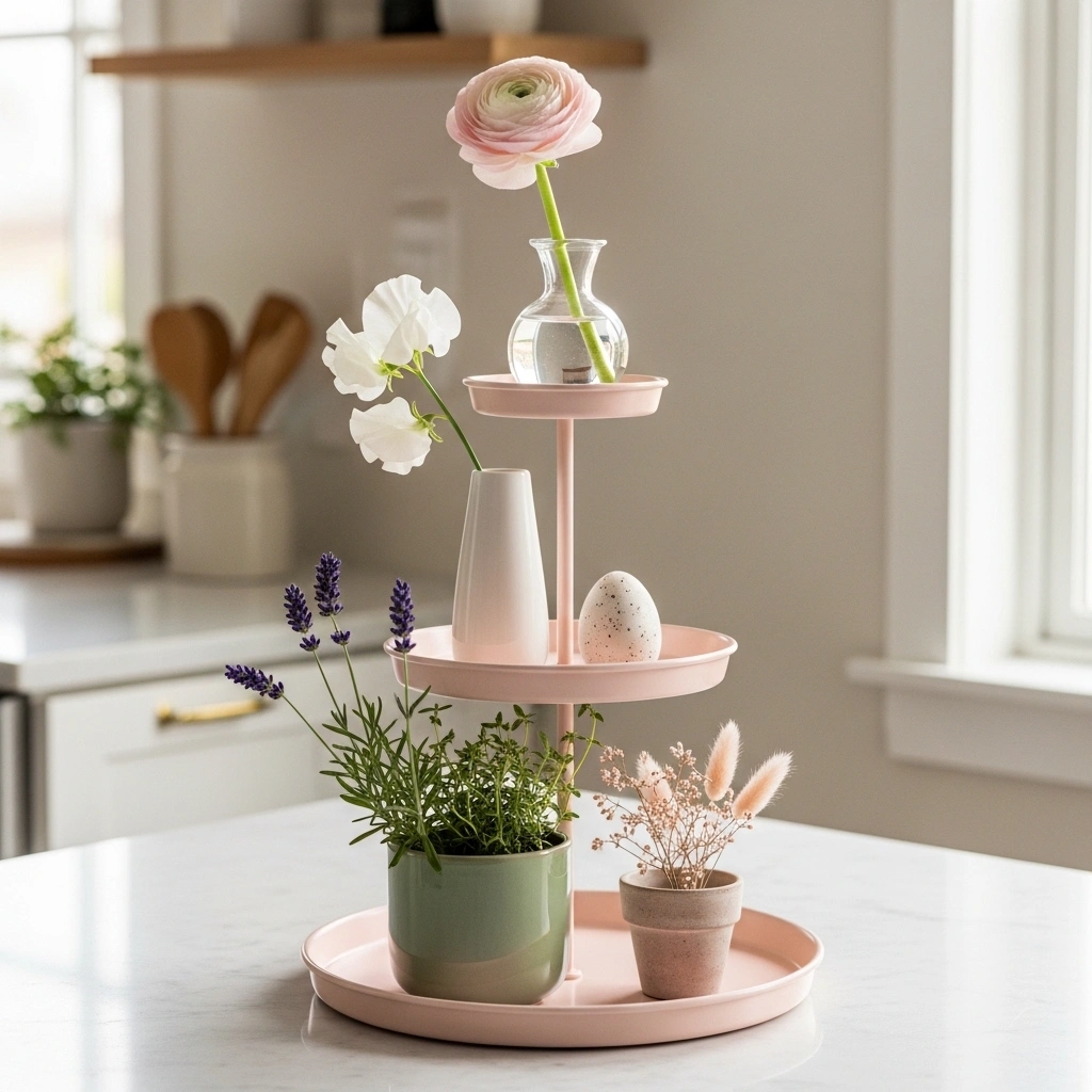 Spring tiered tray decor ideas with flowers featuring blush ranunculus bud vase white sweet pea ceramic vase speckled egg sage lavender thyme pot and dried pampas mini terracotta on blush pink three tier metal stand for spring tiered tray decor ideas with flowers 2026
