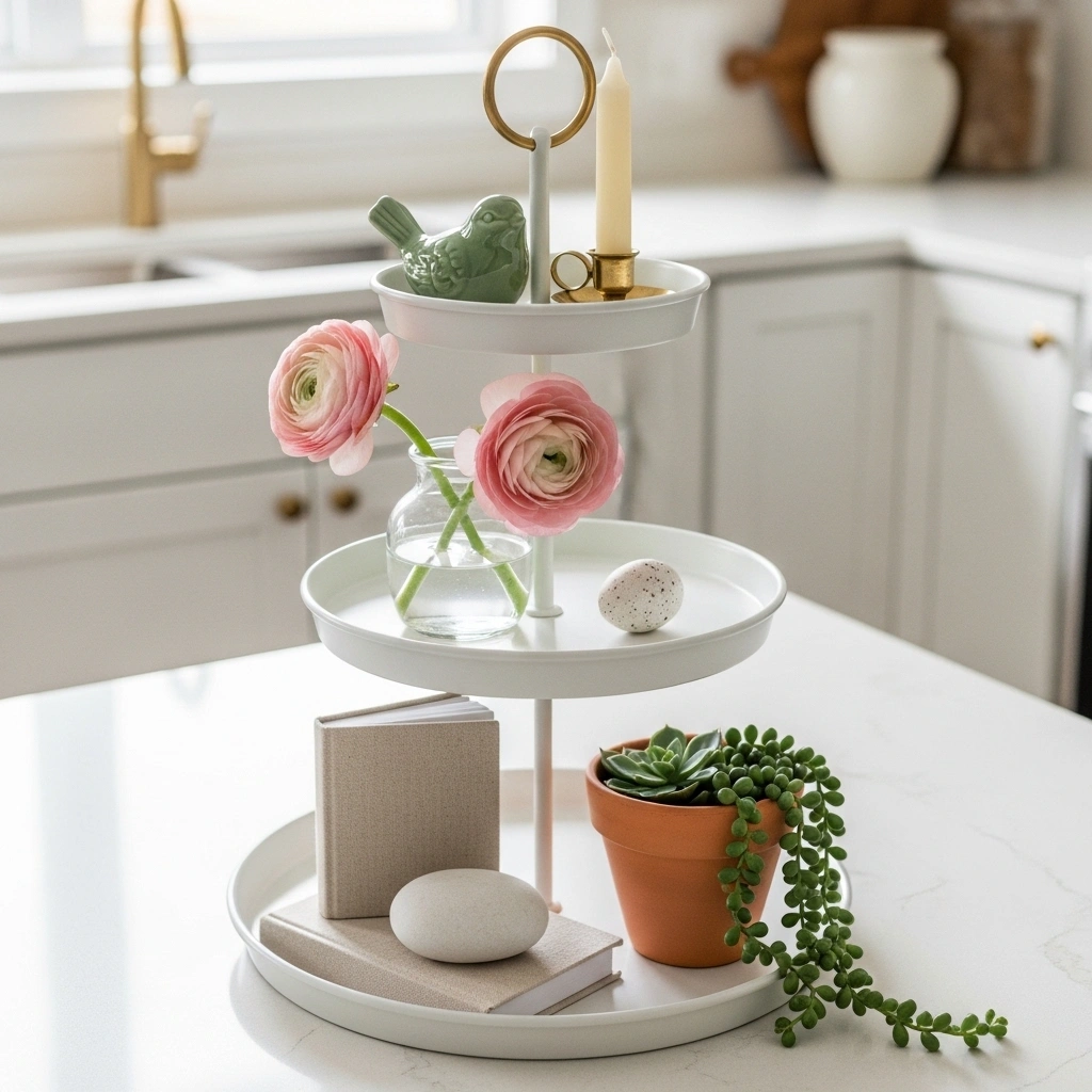 Spring tiered tray decor ideas with cohesive sage green blush and cream palette featuring ceramic bird brass taper blush ranunculus speckled egg linen book white stone and terracotta succulent on white three tier metal stand for spring tiered tray decor ideas 2026