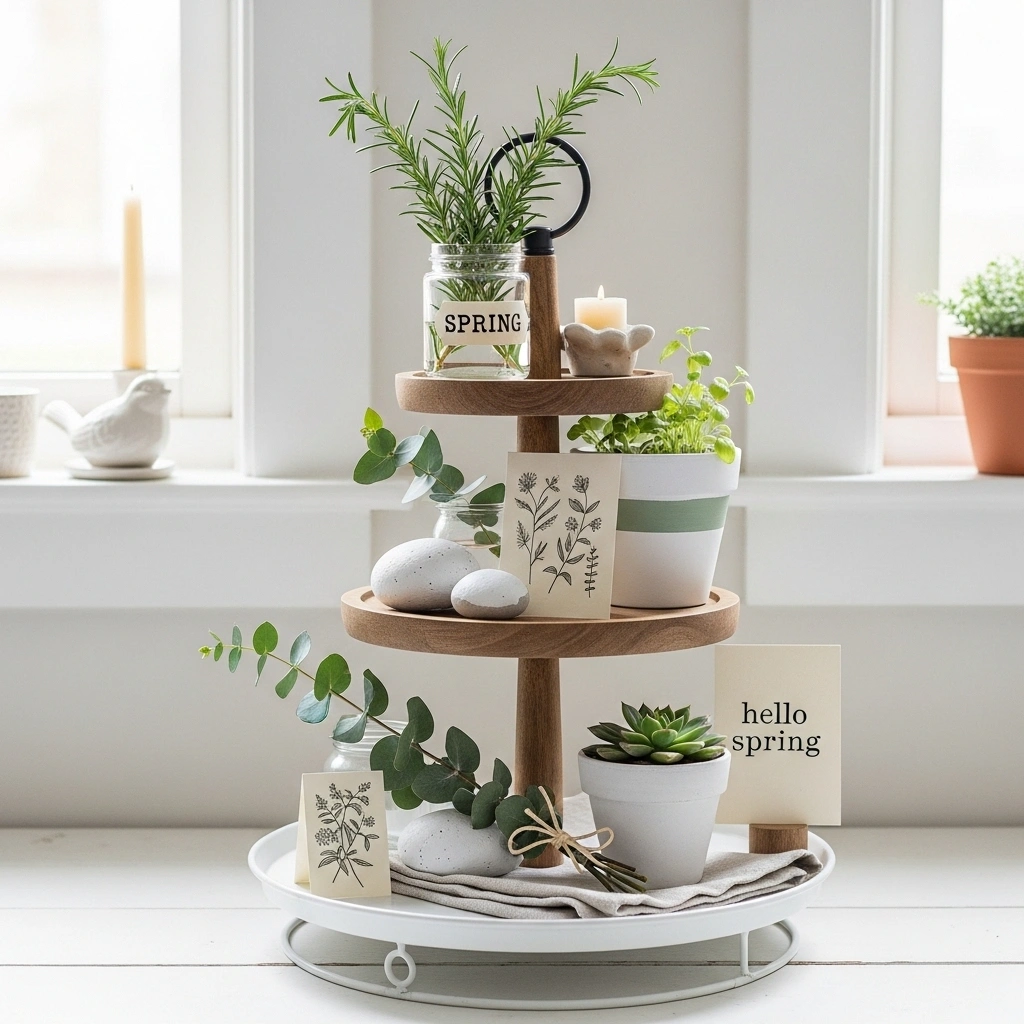 Spring tiered tray decor on a budget with ceramic bird candle stub white painted stone eucalyptus glass jar cream linen fabric base terracotta succulent and handwritten hello spring card on white three tier metal stand for spring tiered tray decor on a budget ideas 2026