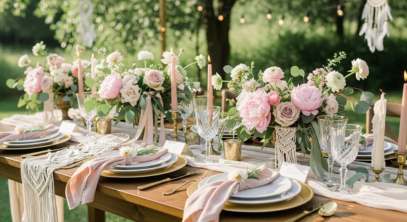 Elegant spring wedding table decor ideas with natural light, fresh floral centerpieces and soft spring color palettes for beautiful tablescapes