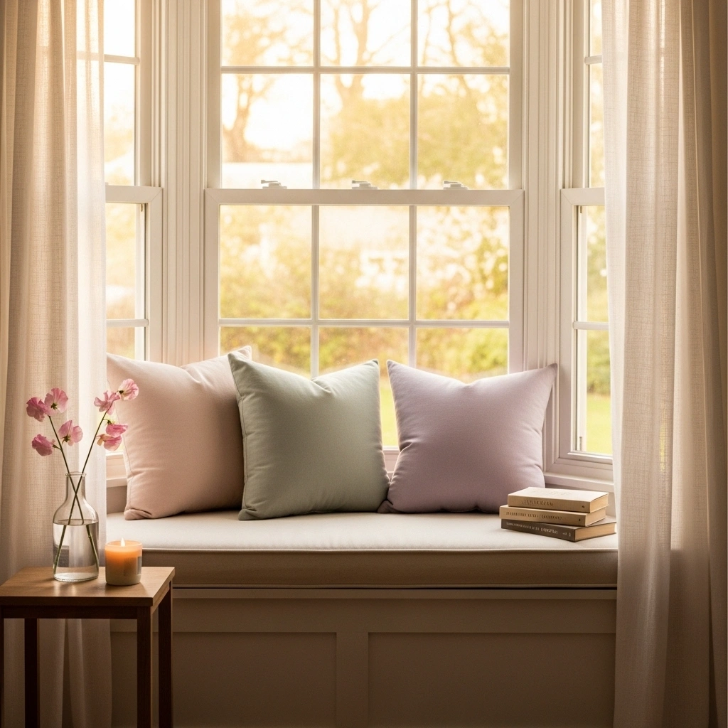 Dreamy spring window reading nook with plush cream window seat blush sage lavender cushions sheer linen curtains sweet pea bud vase and spring garden view for spring window reading nook decor ideas