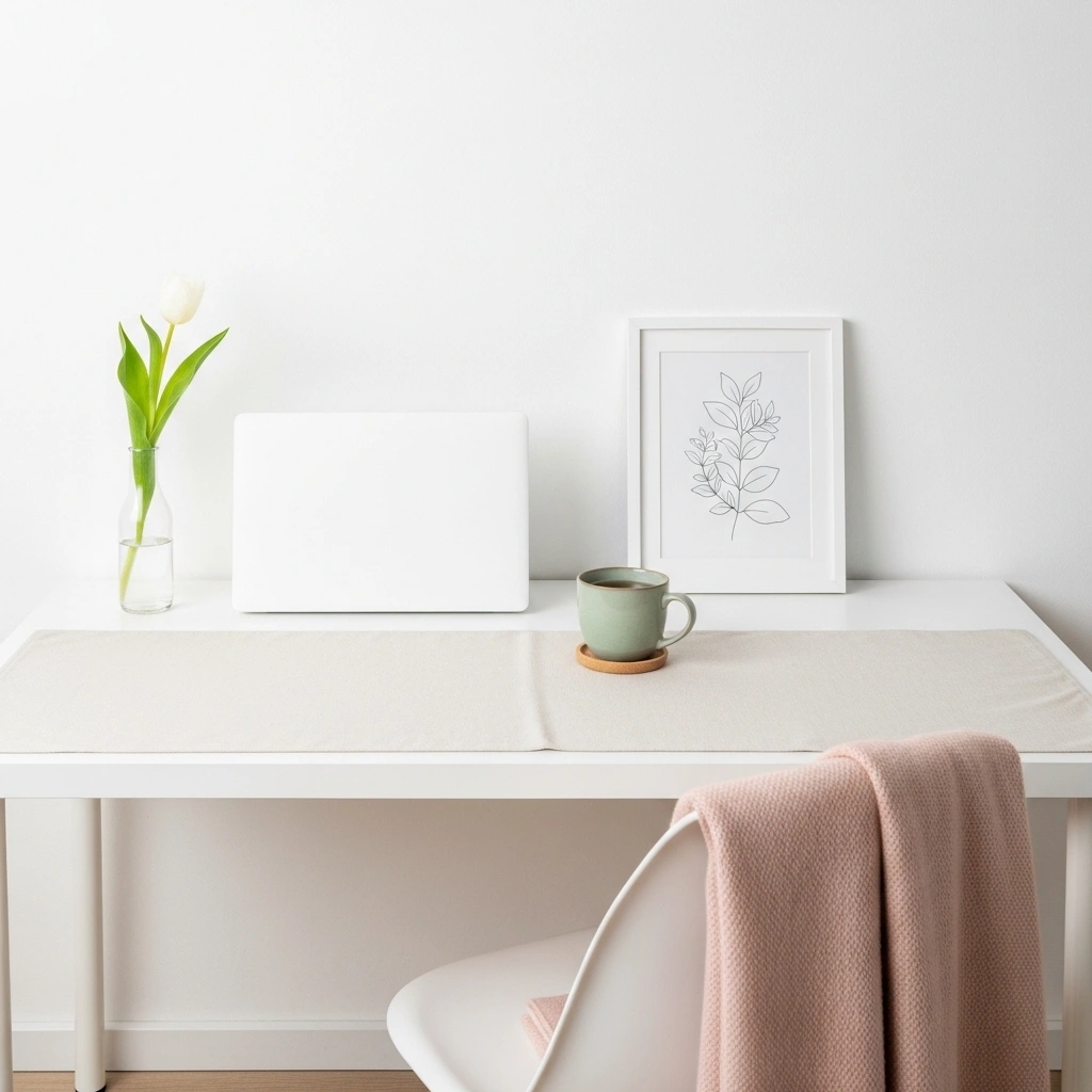 Spring work from home office decor ideas with fresh white tulip slim glass vase beside laptop sage green ceramic tea mug cream linen desk mat light blush throw on white chair and botanical line drawing print white frame on clean minimal white desk for spring work from home office decor ideas 2026
