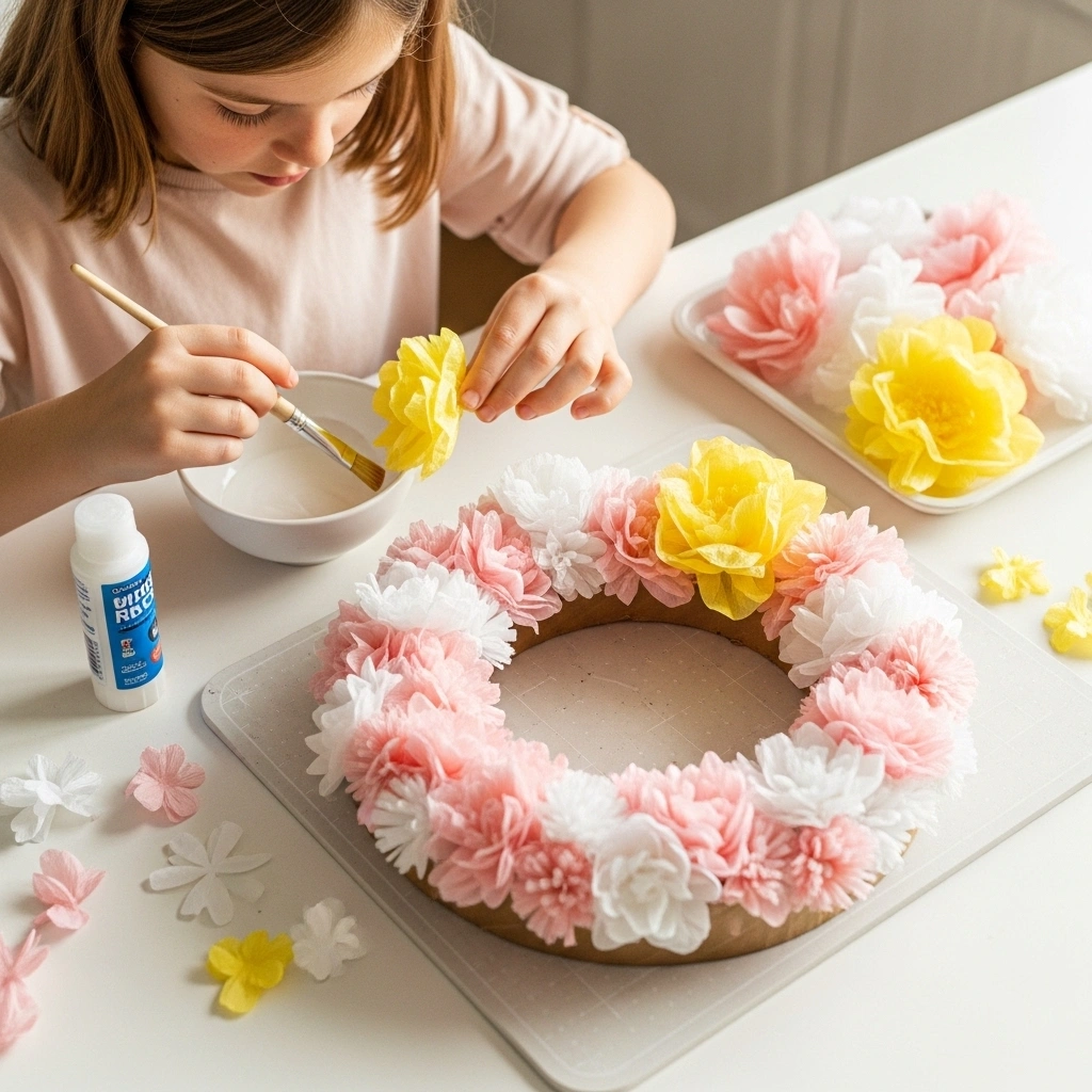 Spring wreath craft paper flowers for kids with child carefully gluing yellow tissue paper flower onto cardboard ring wreath base covered in blush pink white paper flowers with craft glue bowl brush and tissue paper flower tray on cream craft mat in morning window light for spring wreath craft for kids 2026