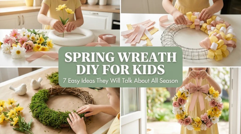 Spring wreath DIY for kids thumbnail showing 7 ideas collage with child pushing flower into foam ring wreath child pulling ribbon loops through wire mesh wreath child pressing moss onto grapevine wreath and child holding finished yellow blush white flower spring wreath with ribbon bow in doorway for spring wreath DIY for kids 2026
