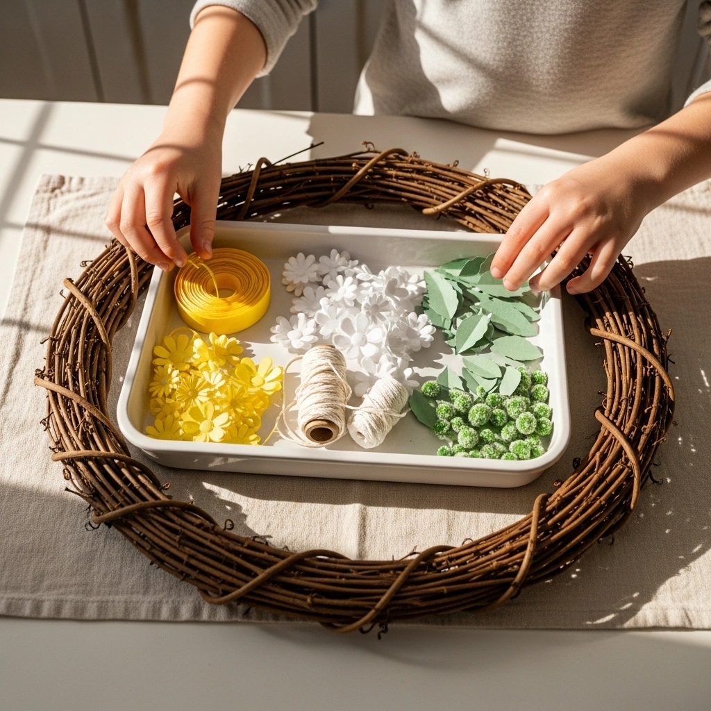 Spring wreath DIY for kids colour planning with child hands reaching into white tray of sorted yellow paper flowers white foam flowers and sage green leaves beside natural grapevine wreath base on cream linen craft mat in warm morning window light for spring wreath DIY for kids 2026