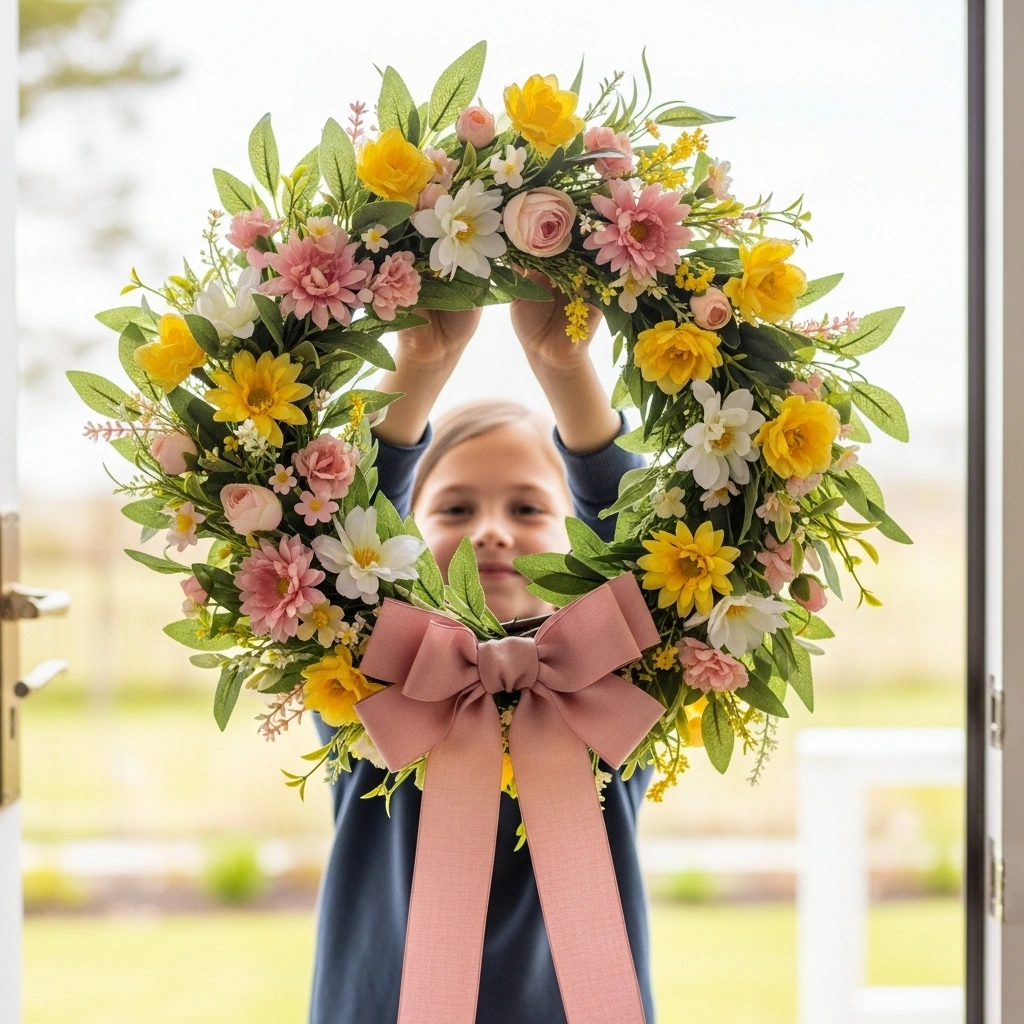 Spring wreath DIY for kids finished project with child holding completed yellow blush pink white flower spring wreath with blush ribbon bow in bright doorway with natural spring light and softly blurred garden behind for spring wreath DIY for kids finished project 2026