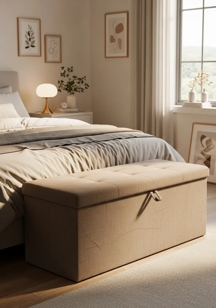 Storage ottoman in small bedroom – hidden and beautiful