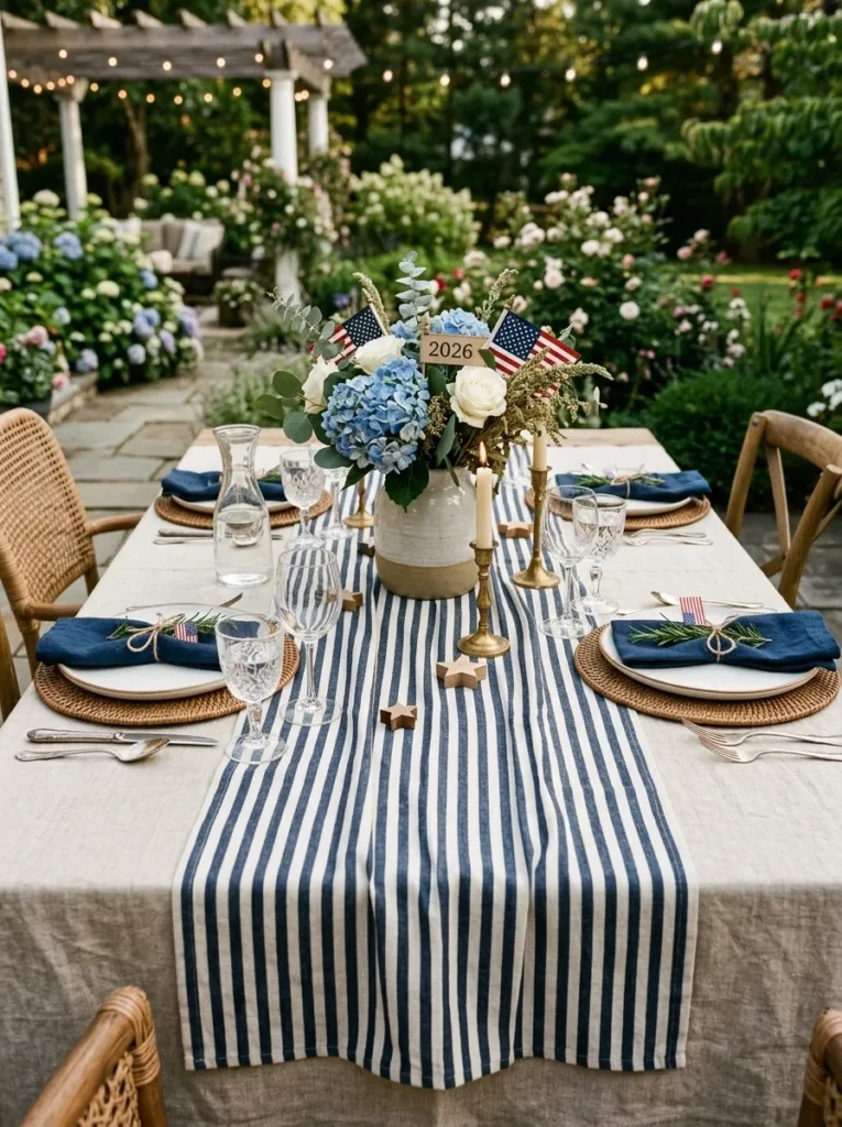 Subtle striped patriotic table runner – refined 4th of July decor