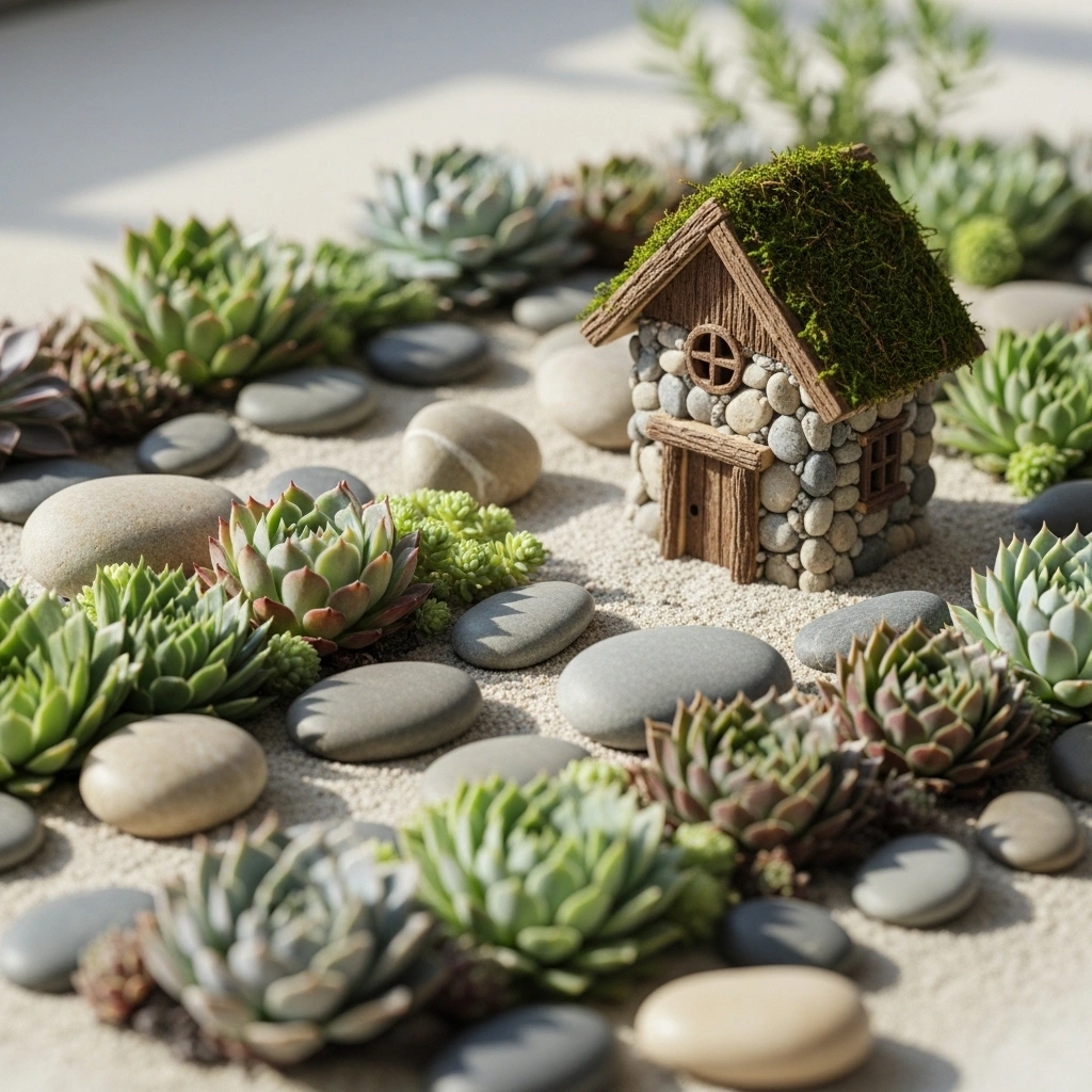 Modern outdoor fairy garden with pebbles and succulents arranged around a small fairy house in soft natural light creating a clean minimalist look