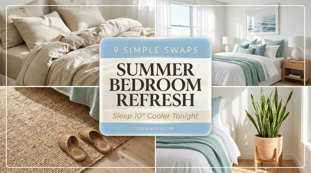 2x2 collage of summer bedroom refresh ideas featuring linen bedding, jute rugs, and airy coastal decor.