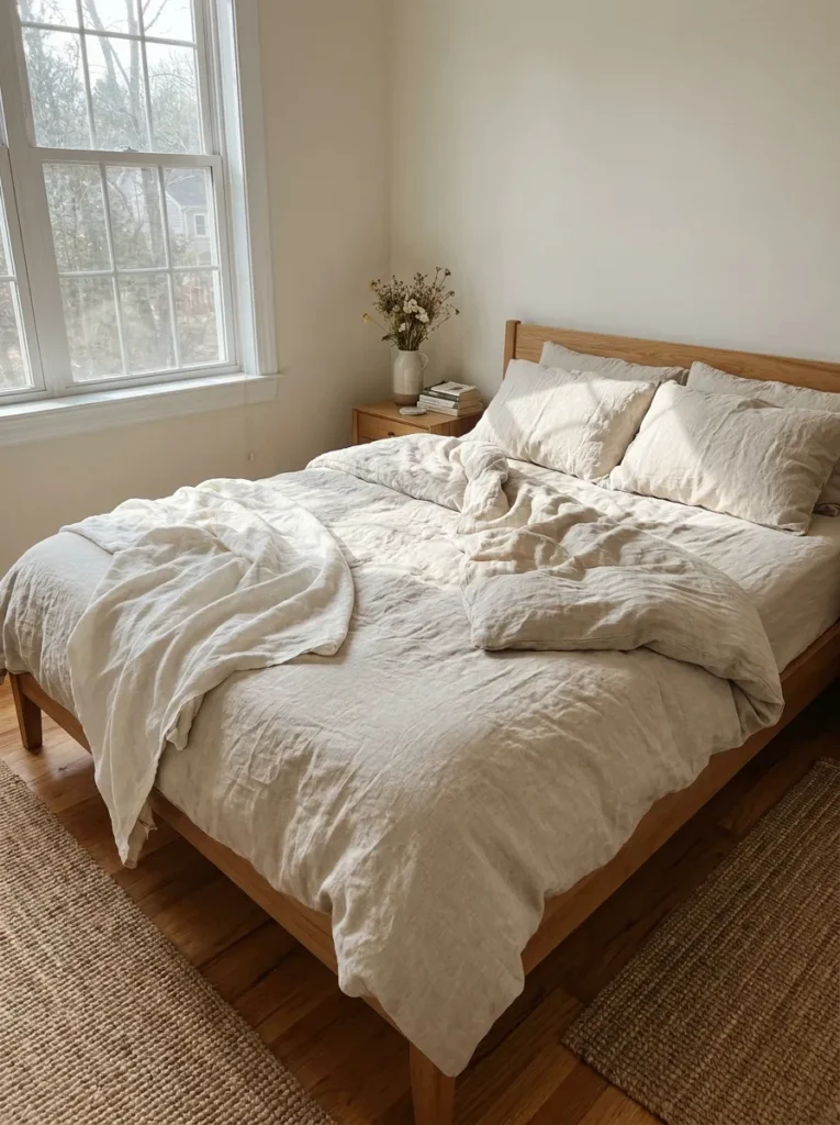 Breathable sand-colored linen bedding in a sunlit summer bedroom.