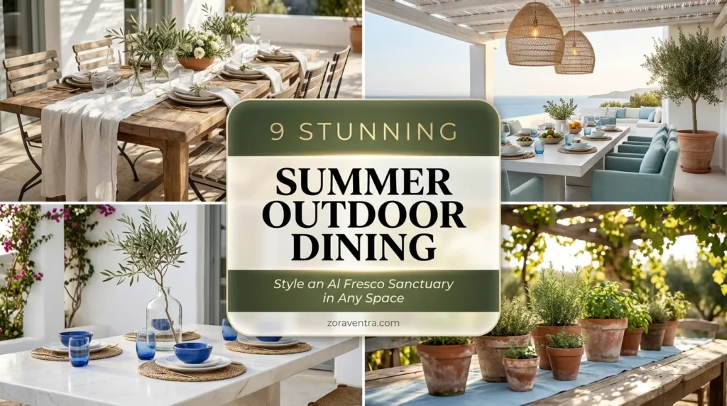 2x2 collage of summer outdoor dining area ideas featuring tablescapes, pendant lights, and herb centerpieces.