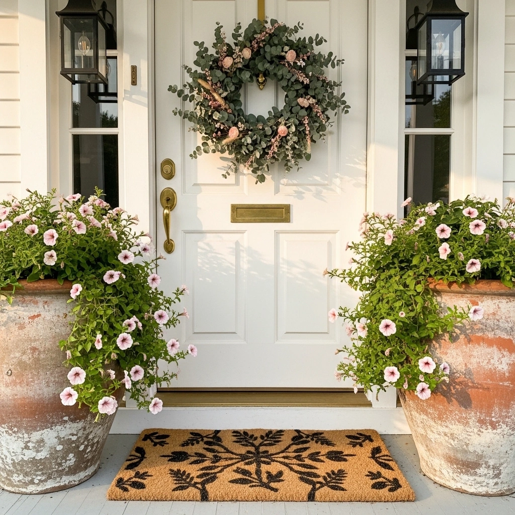 Summer porch decor front entry with white door brass hardware eucalyptus wreath two aged terracotta planters trailing petunias coir botanical doormat and warm iron lanterns in spring afternoon light for front entry porch ideas 2026