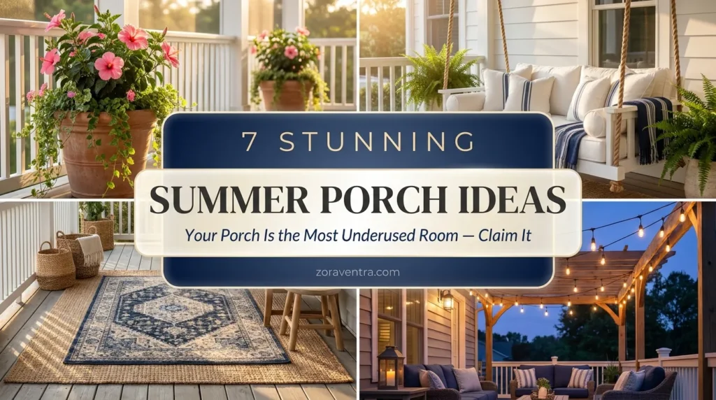 High-end summer porch decor ideas featuring farmhouse planters, coastal swings, and elegant 2x2 collage outdoor settings.