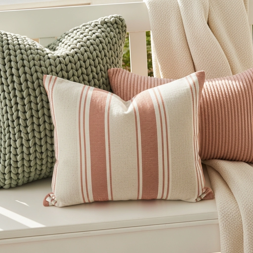 Summer porch decor with textured throw pillows including chunky sage green woven pillow stripe terracotta and cream center and blush ribbed lumbar pillow with cream outdoor throw blanket on white porch swing in afternoon light