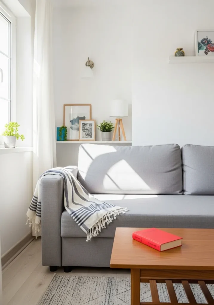 Lightweight navy striped textile draped on a sofa for subtle 4th of July decor.