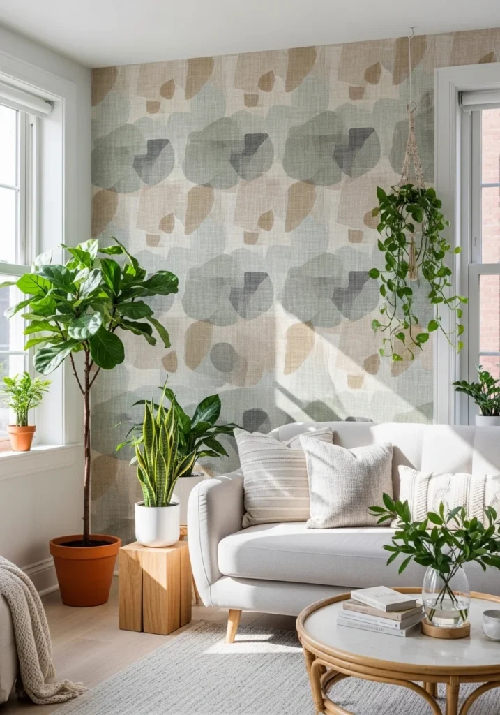 Temporary wallpaper in apartment living room – high impact renter decor