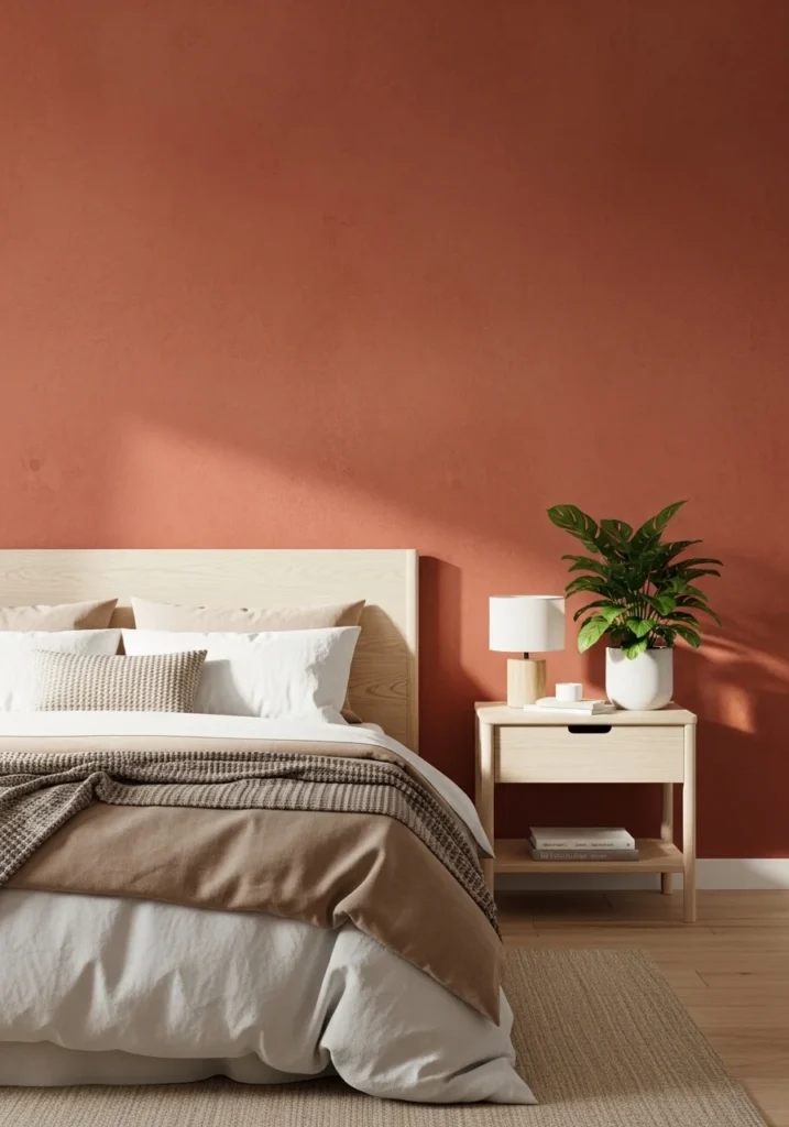 Terracotta accent wall in bedroom – warm and inviting focus