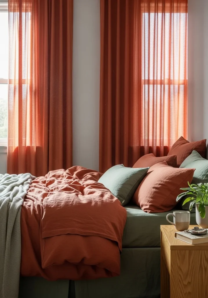 Terracotta bedding in bedroom – warm and calming decor