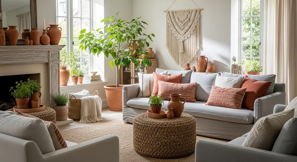 Terracotta home decor ideas with warm earthy tones, sage green accents and clay pottery for a cozy 2026 living space