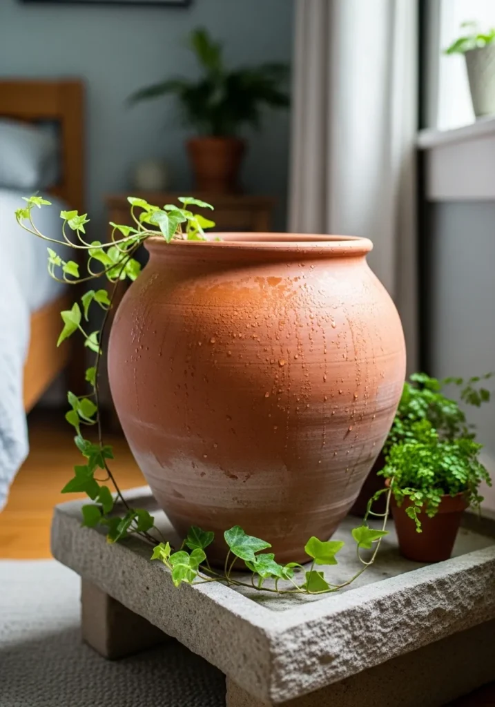 Unglazed terracotta pot used as a passive water-based air cooler