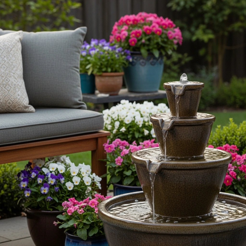 Tiered ceramic fountain – statement backyard water fountain decor ideas