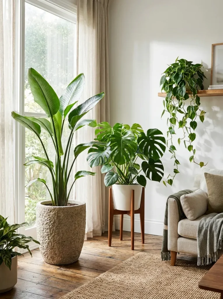 Tiered tropical plant arrangement with Bird of Paradise and Monstera.
