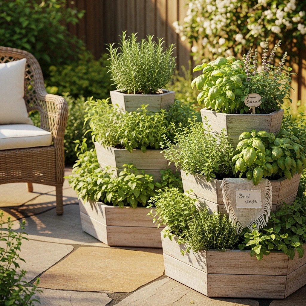 Tiered planters spring herb garden design – vertical small backyard herb garden ideas