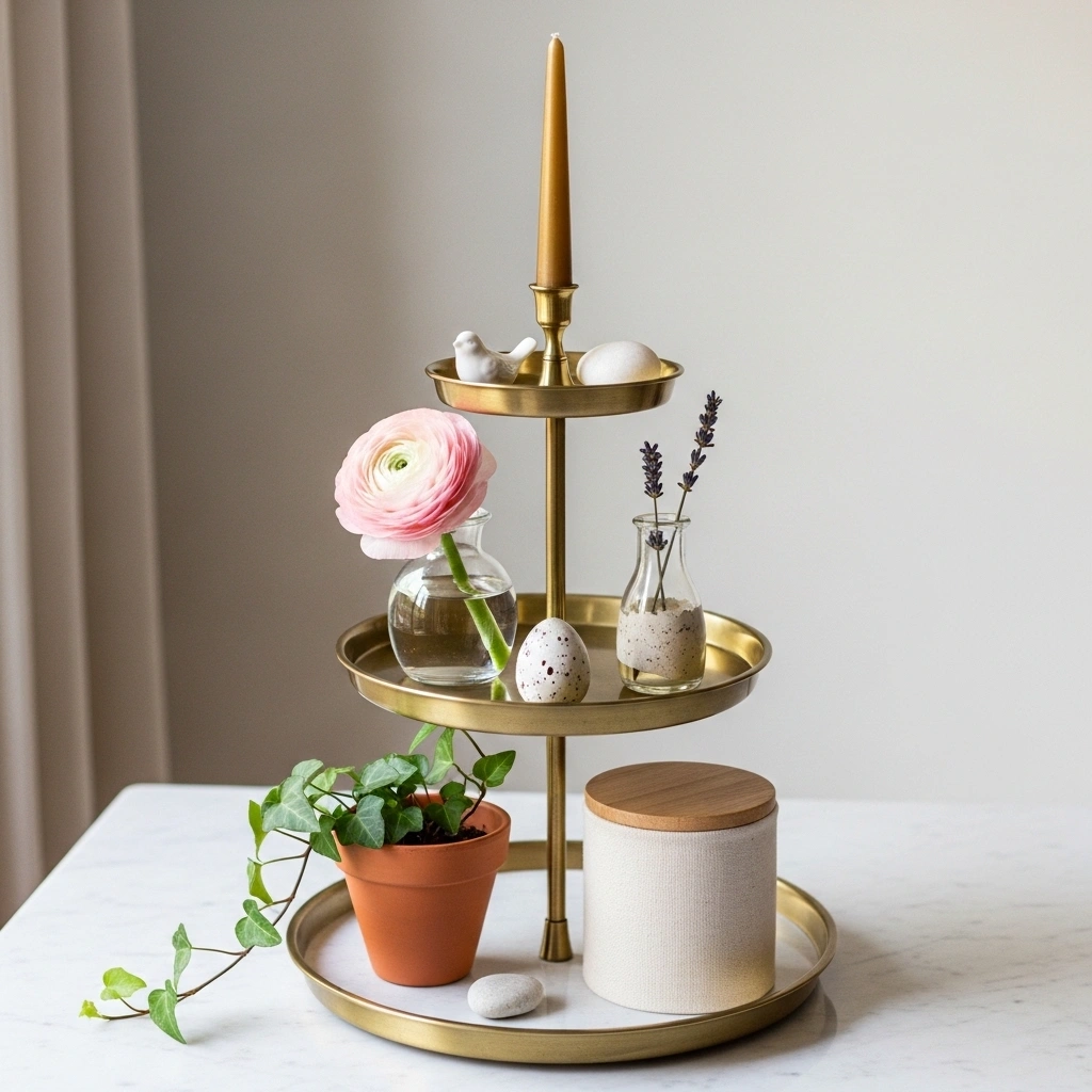 Tiered tray styling formula on three tier gold metal stand showing hero support finish on each tier with brass taper candlestick white ceramic bird white stone blush ranunculus bud vase speckled egg dried lavender terracotta trailing ivy linen canister and river stone for spring tiered tray styling ideas 2026