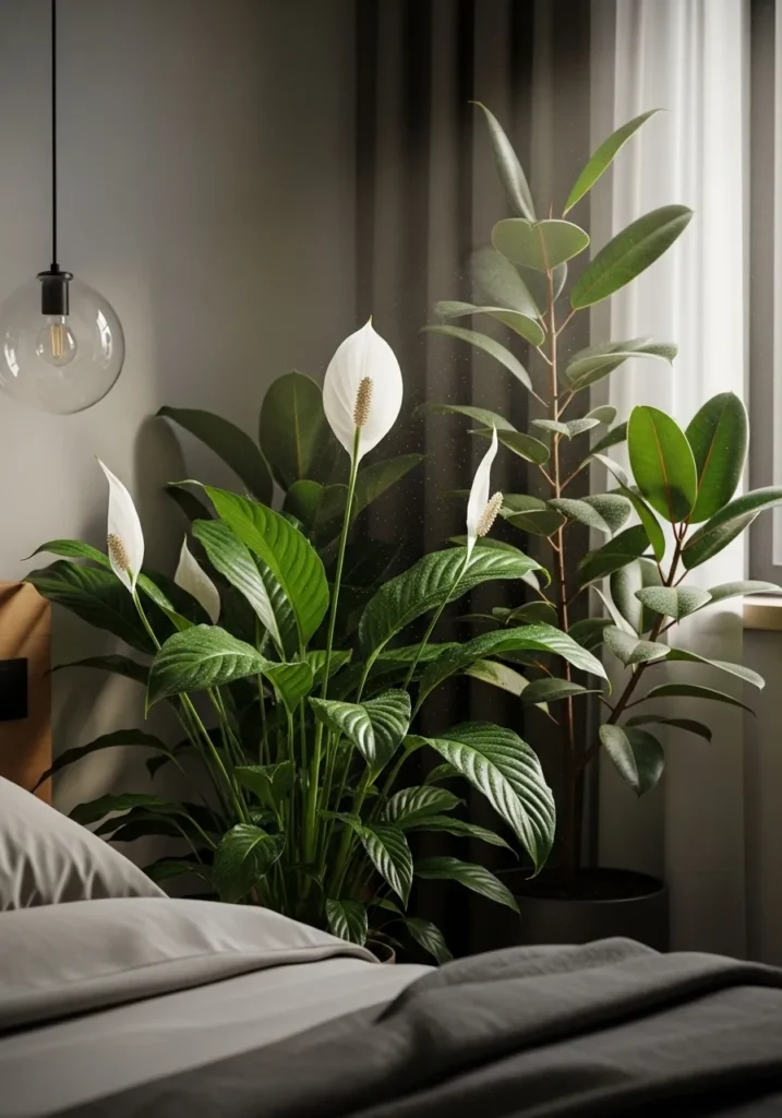 Large green plants grouped together in a bedroom to provide natural cooling.