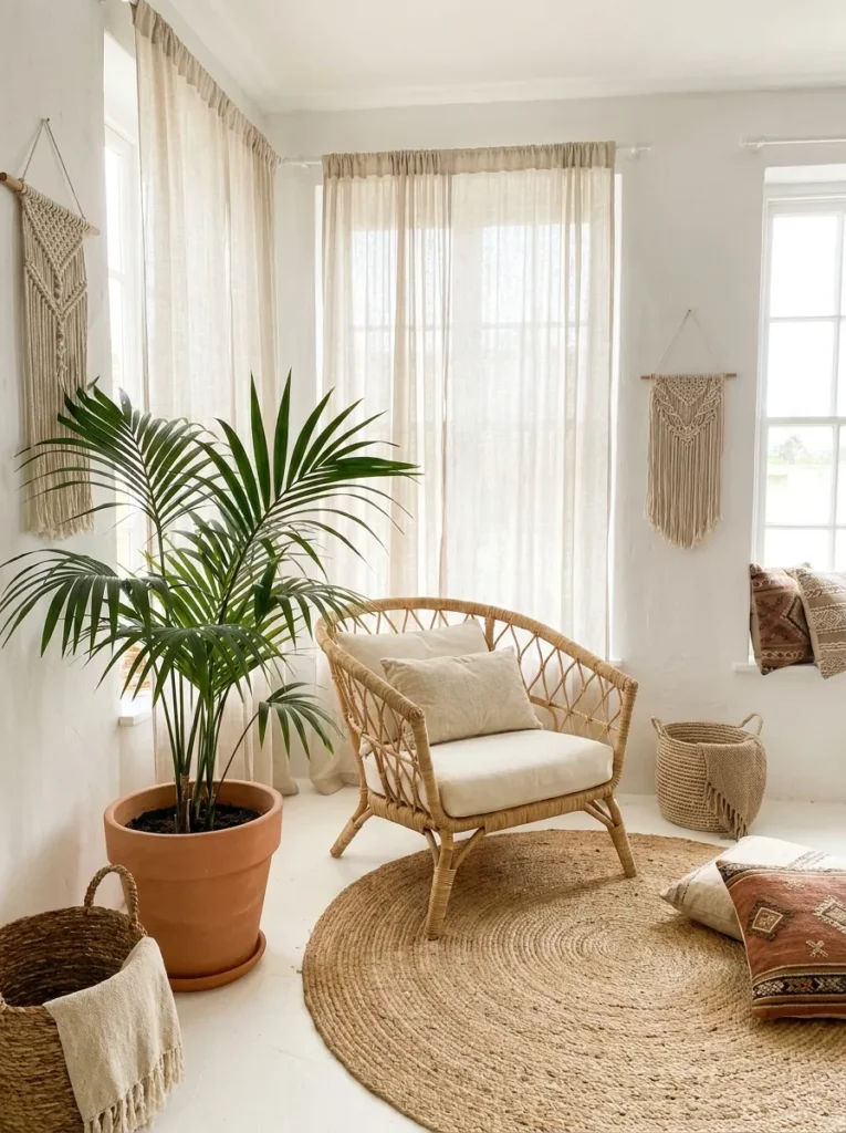 Tropical boho interior with rattan chair, jute rug, and a large palm.