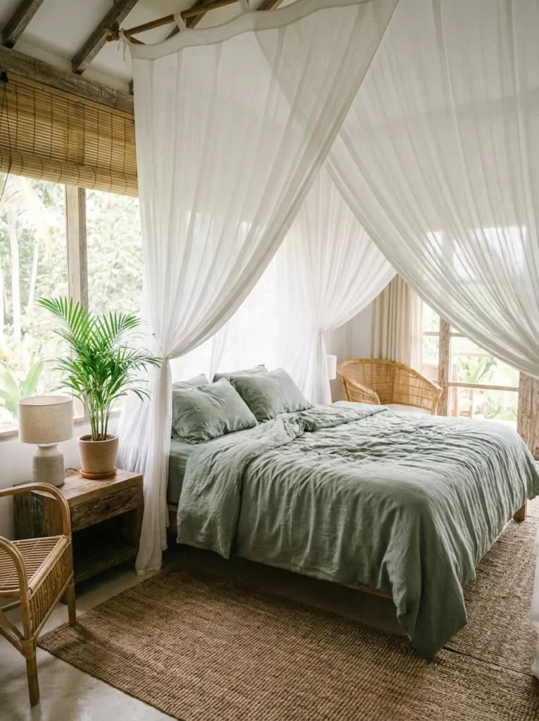 Tropical bedroom retreat with green linen bedding and sheer canopy.
