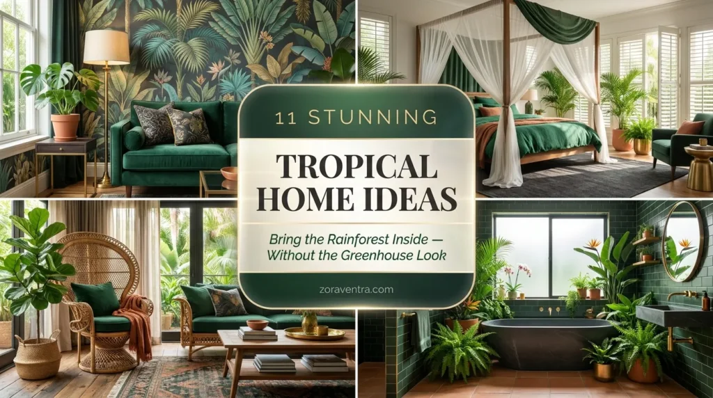 High-end tropical home decor ideas featuring living room settings, bold botanical wallpaper, and elegant 2x2 collage indoor jungle settings.