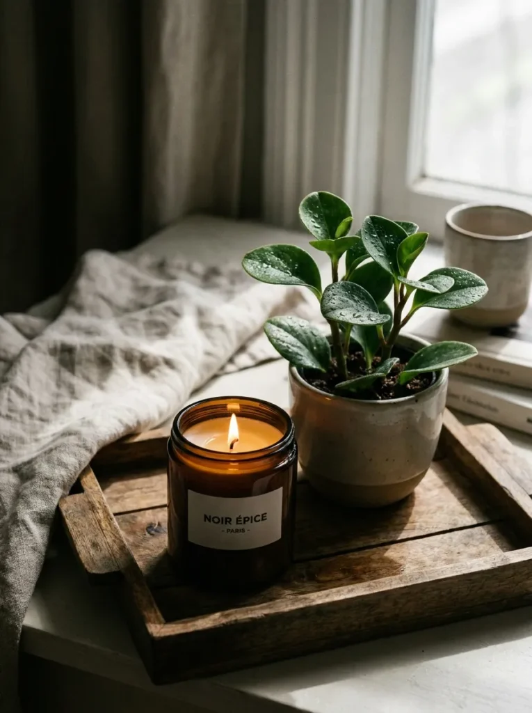 Luxury candle and tropical plant on a wooden styling tray.