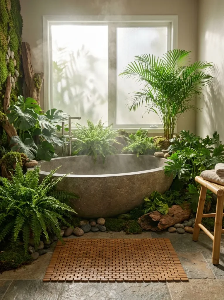 Tropical spa bathroom with lush ferns and a teak mat.