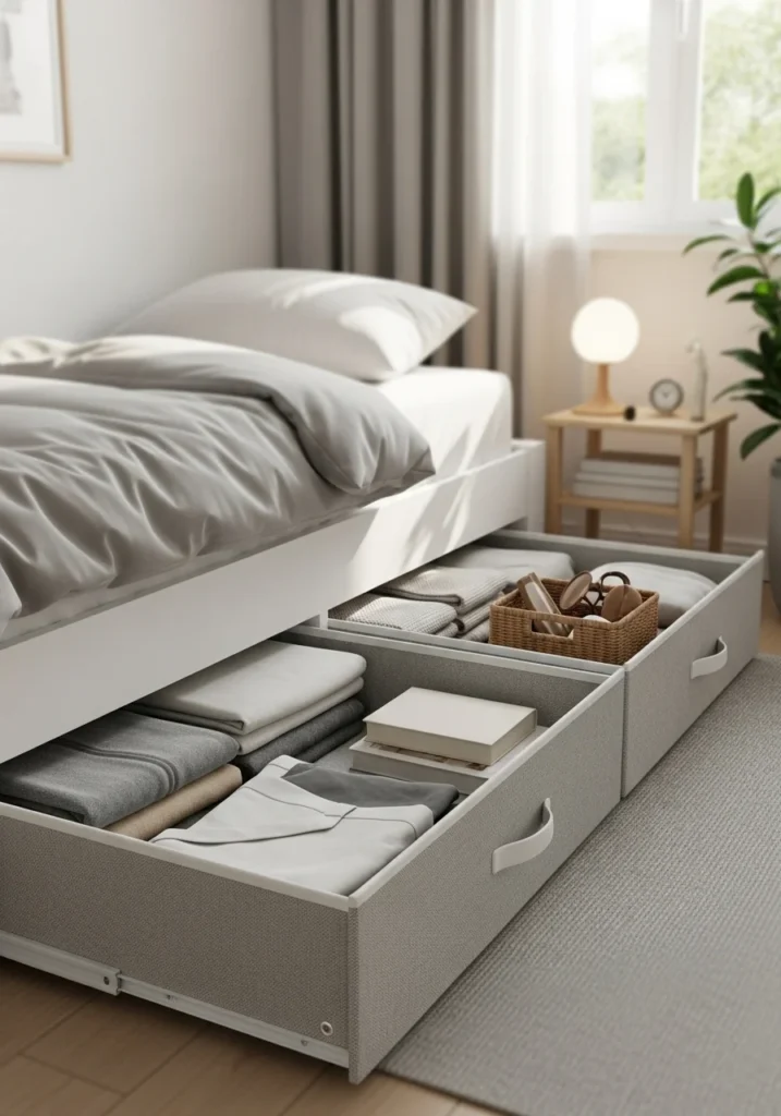 Under bed drawers – smart small bedroom storage ideas
