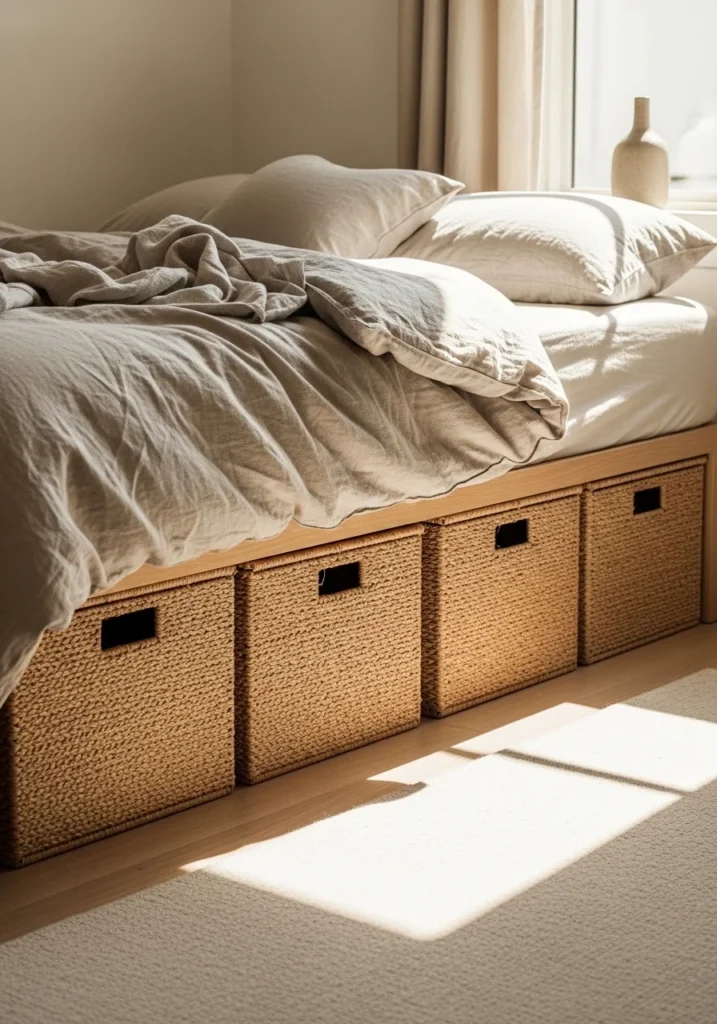 Under bed storage with stylish bins – smart small bedroom storage ideas