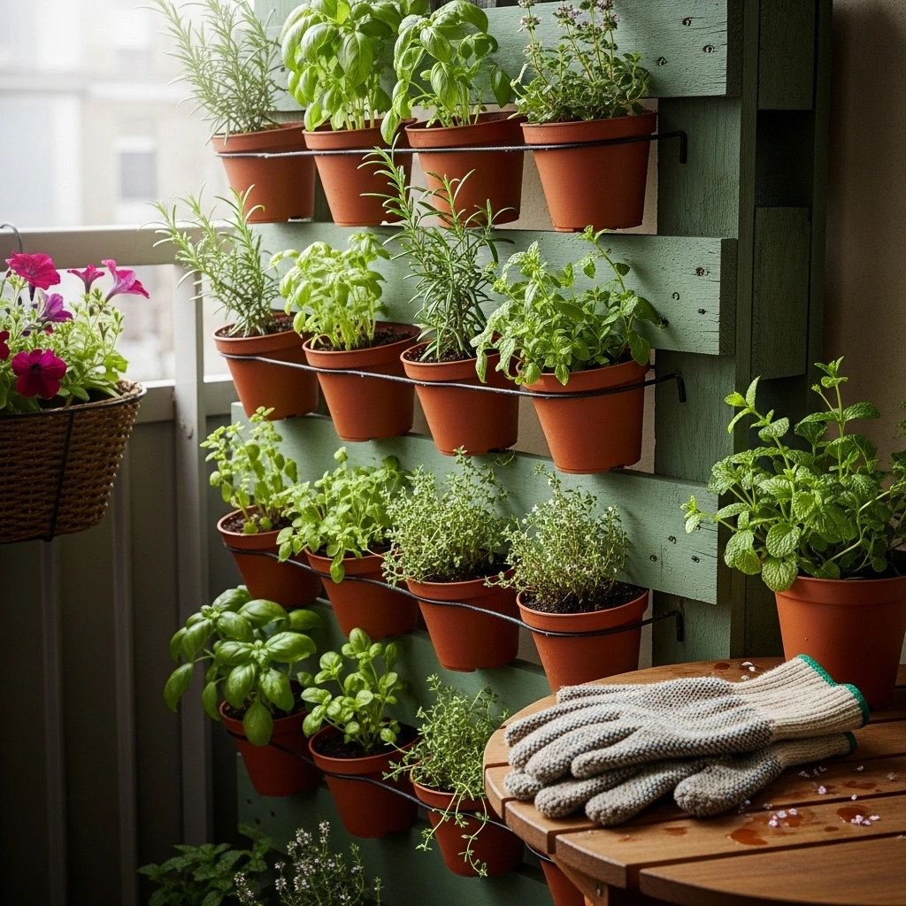 Vertical herb wall for balcony – easy spring balcony garden ideas