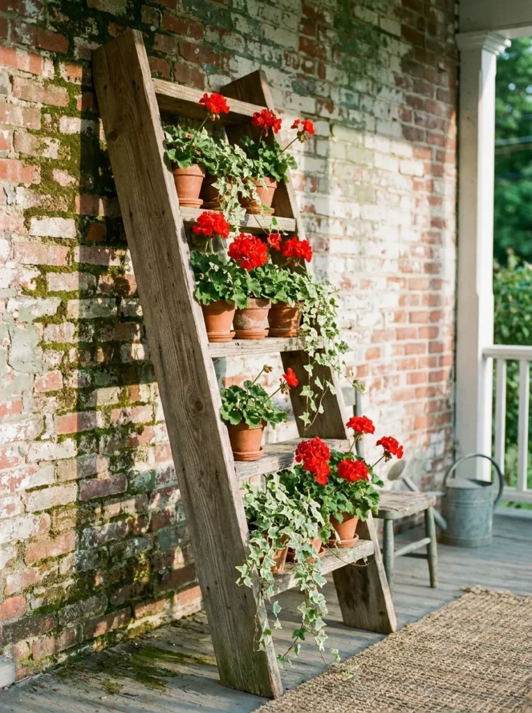 Vertical ladder planter for small summer porch styling.