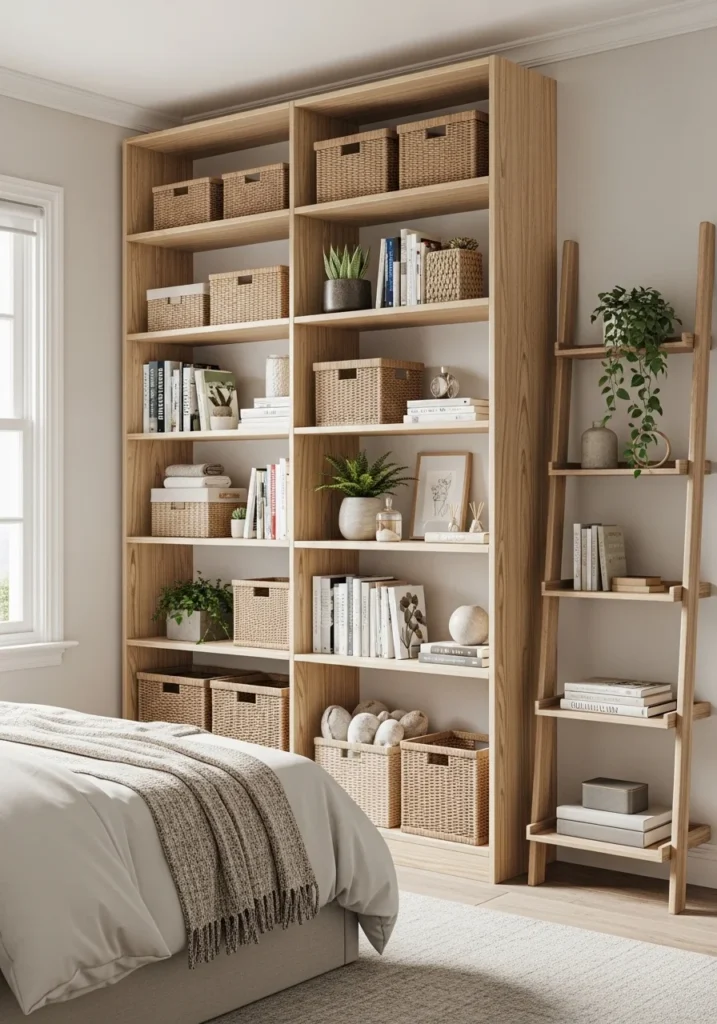 Vertical storage in small bedroom layout – smart use of height