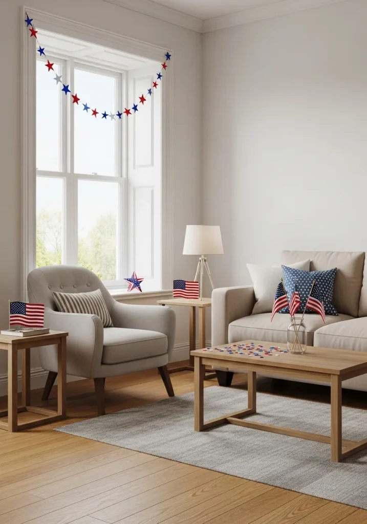 Vertical 4th of July decor using a star garland above a window to save space.