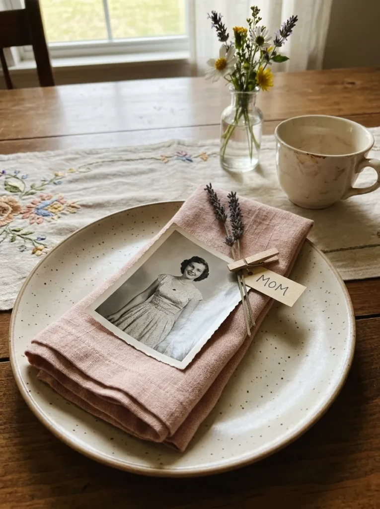 Vintage photo used as a Mother's Day place card on a pink napkin.