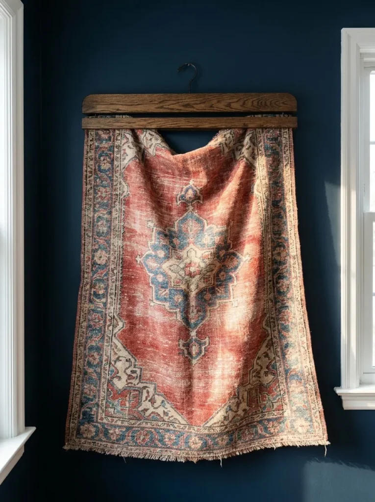 Patterned rug hanging as a wall tapestry in a bedroom.